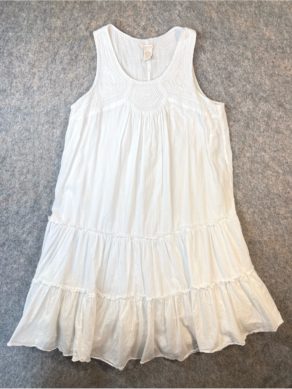 Klozlyne White Tiered Cotton Midi Dress Embroidered Yoke Boho Cottage Prairie